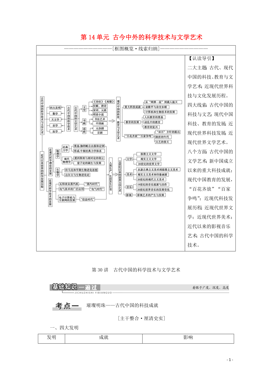 2021高考歷史一輪復習 第14單元 古今中外的科學技術與文學藝術 第30講 古代中國的科學技術與文學藝術教學案 新人教版_第1頁