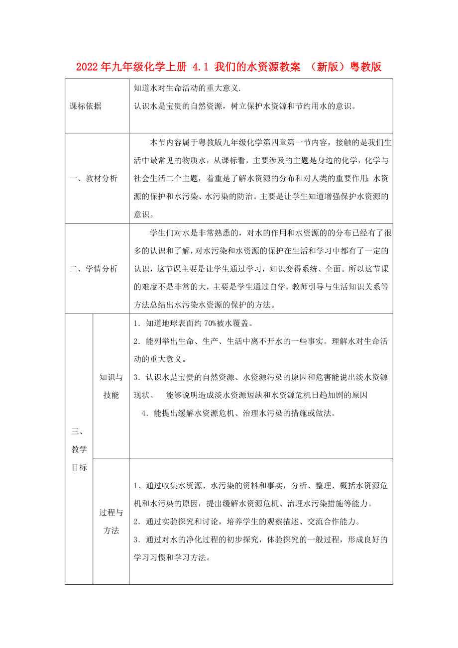 2022年九年級(jí)化學(xué)上冊(cè) 4.1 我們的水資源教案 （新版）粵教版_第1頁