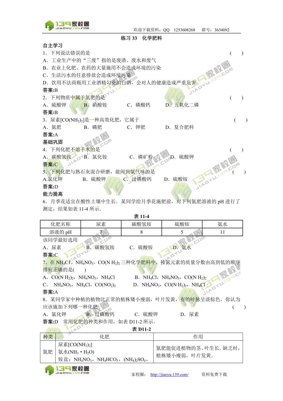 2011中考化学练习33化学肥料_第1页