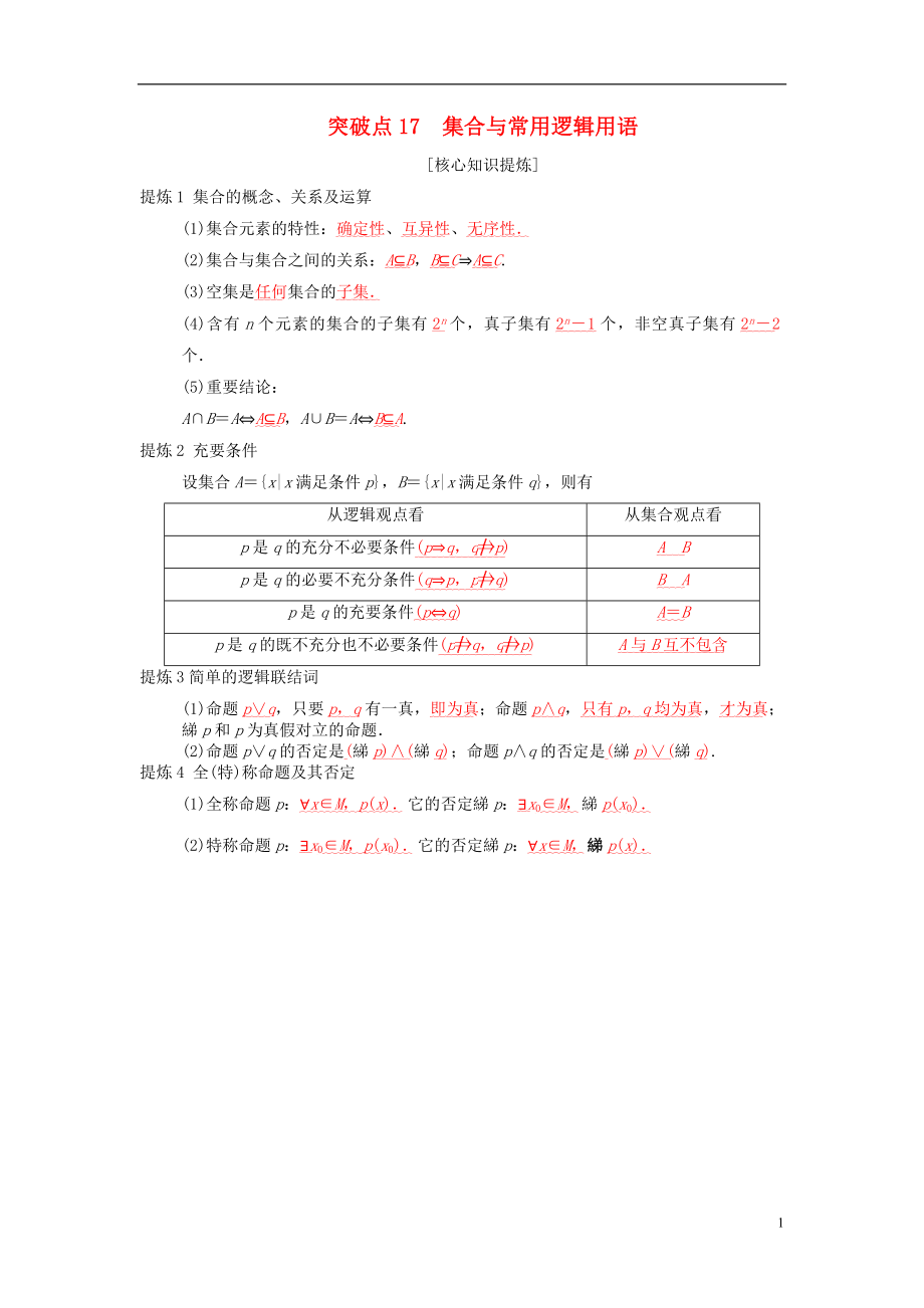 2018年高考数学二轮复习 第2部分 必考补充专题 突破点17 集合与常用逻辑用语学案 文_第1页