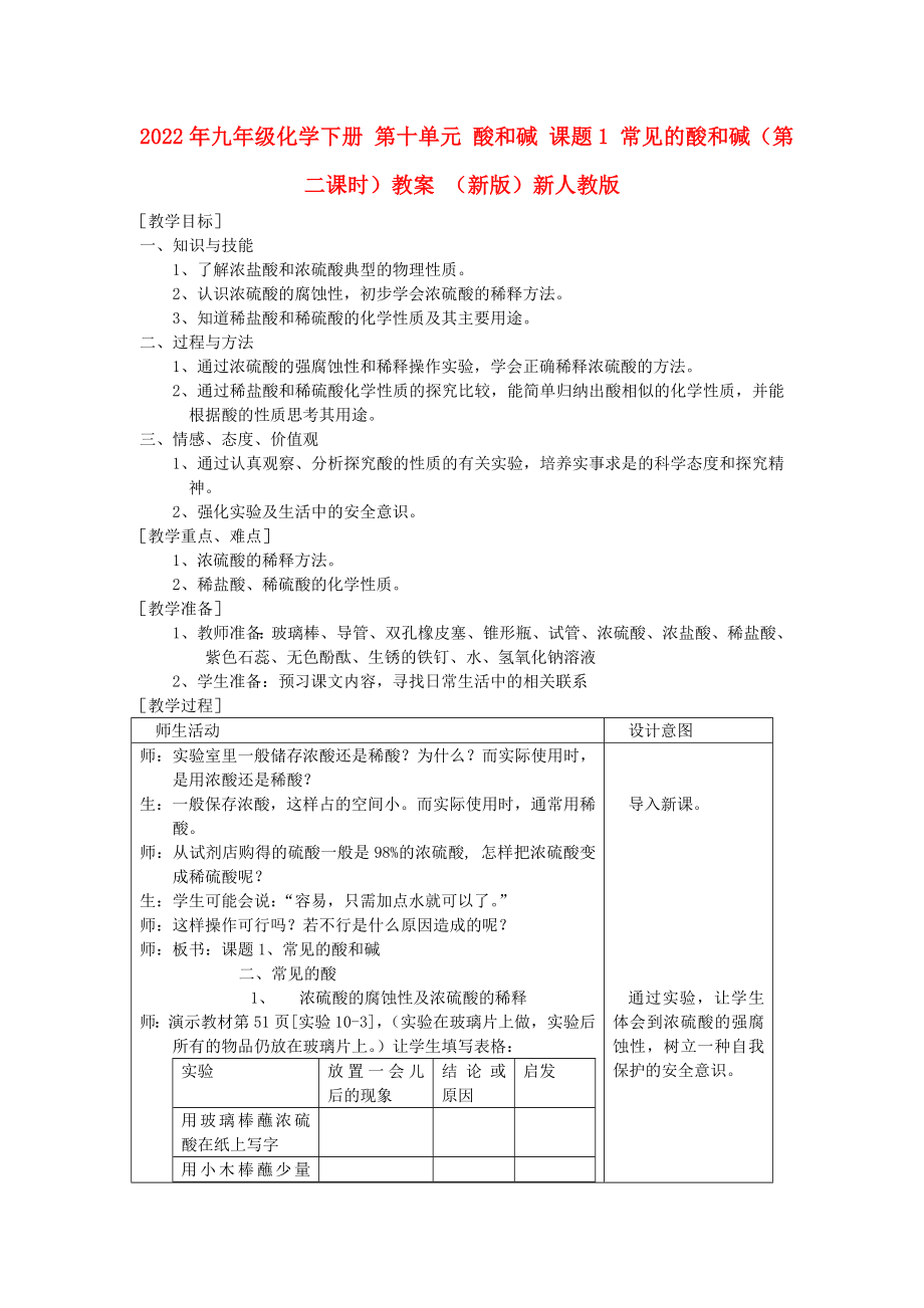 2022年九年級(jí)化學(xué)下冊(cè) 第十單元 酸和堿 課題1 常見的酸和堿（第二課時(shí)）教案 （新版）新人教版_第1頁