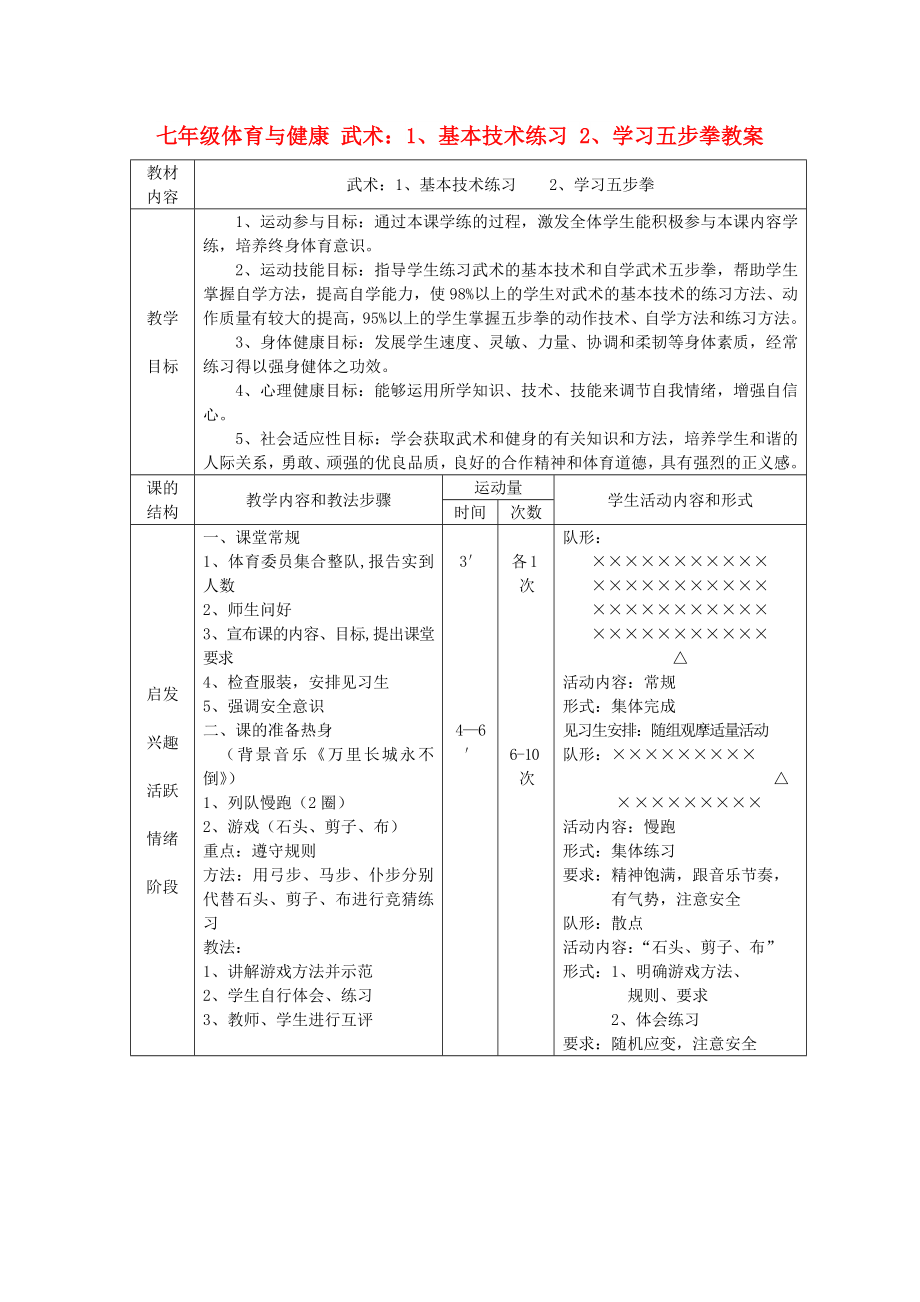 七年級體育與健康 武術(shù)：1、基本技術(shù)練習(xí) 2、學(xué)習(xí)五步拳教案_第1頁