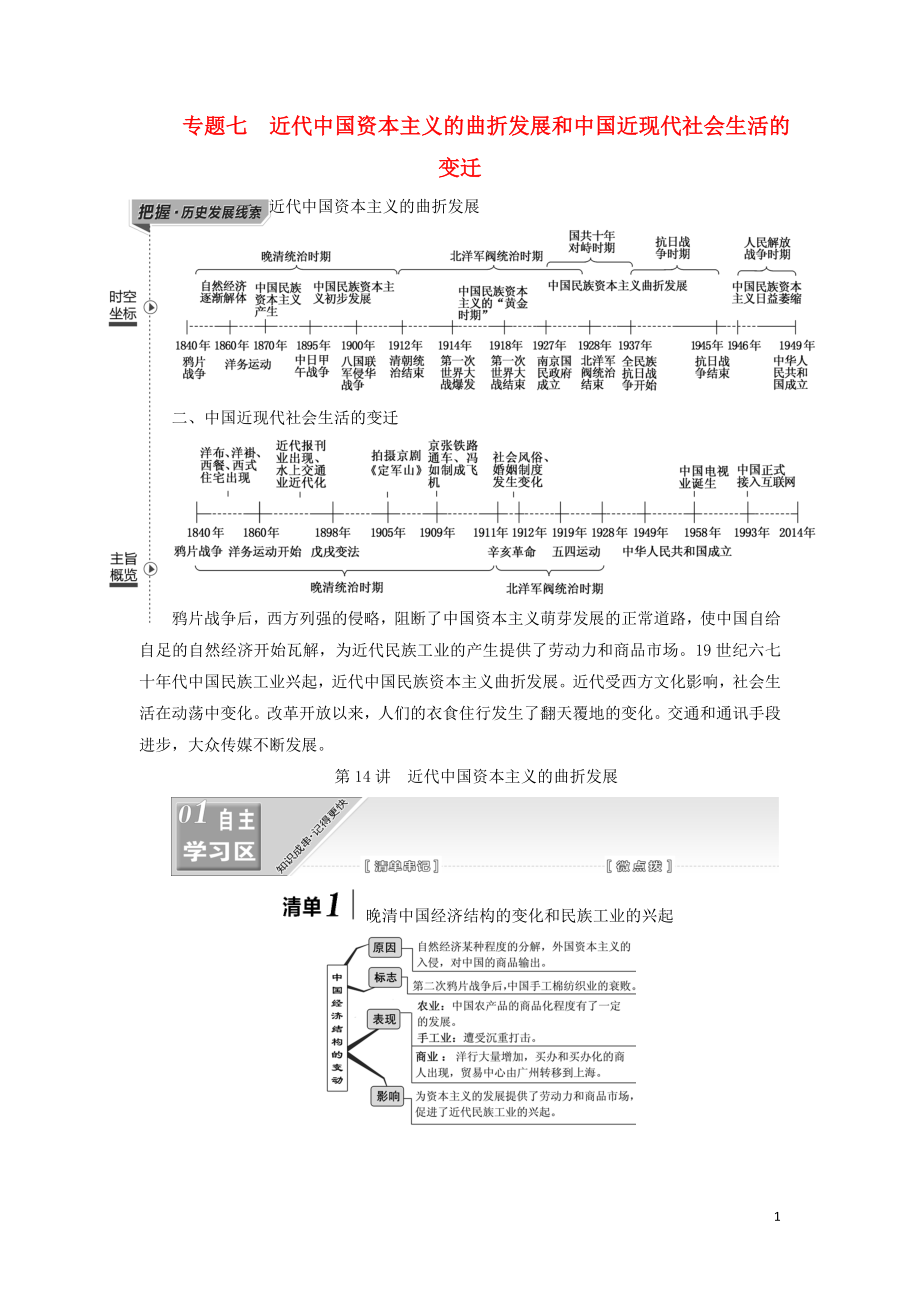 （江蘇專版）2020版高考歷史一輪復(fù)習(xí) 模塊二 經(jīng)濟成長歷程 專題七 近代中國資本主義的曲折發(fā)展和中國近現(xiàn)代社會生活的變遷 第14講 近代中國資本主義的曲折發(fā)展學(xué)案（含解析）人民版_第1頁