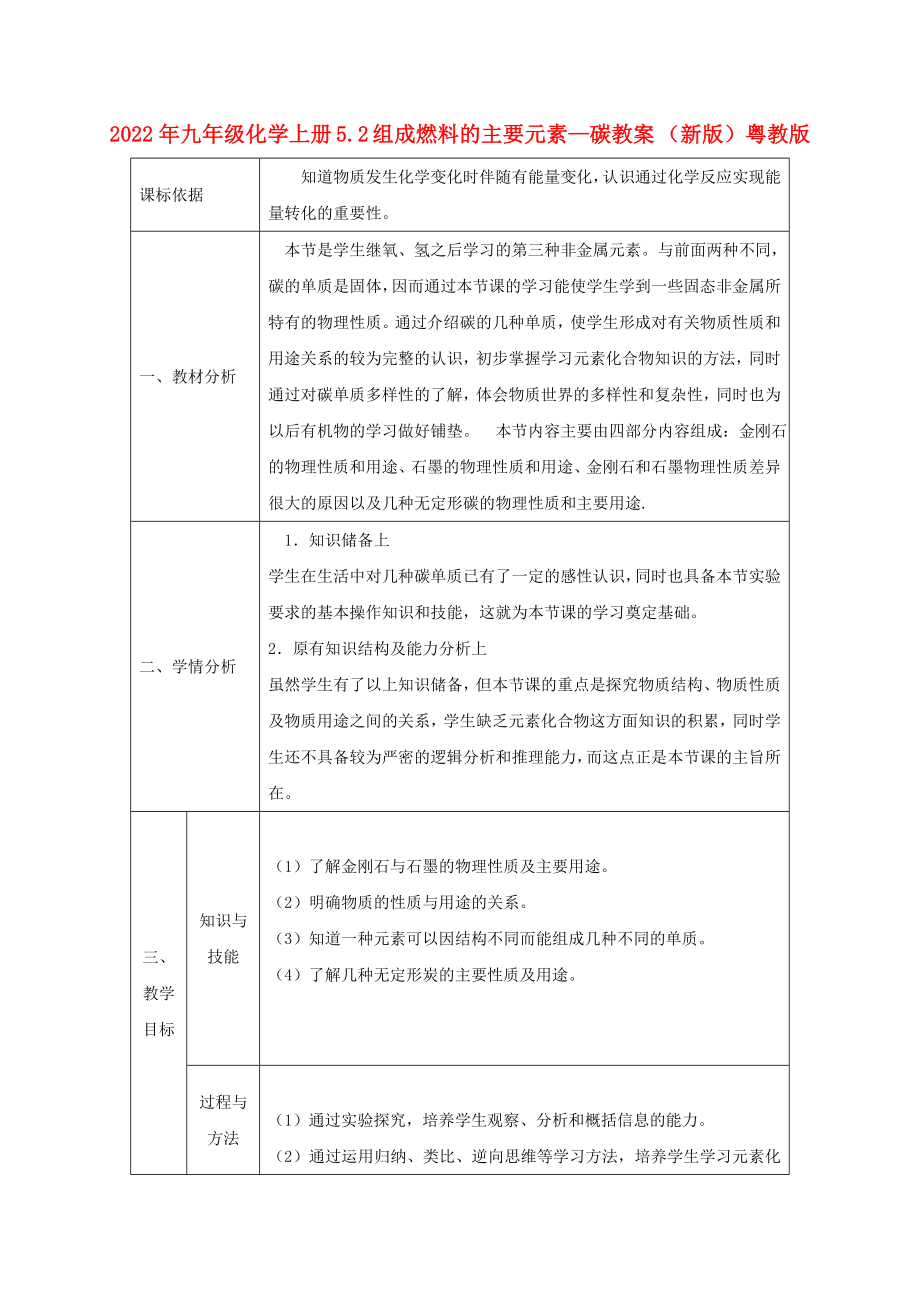 2022年九年级化学上册 5.2 组成燃料的主要元素—碳教案 （新版）粤教版_第1页