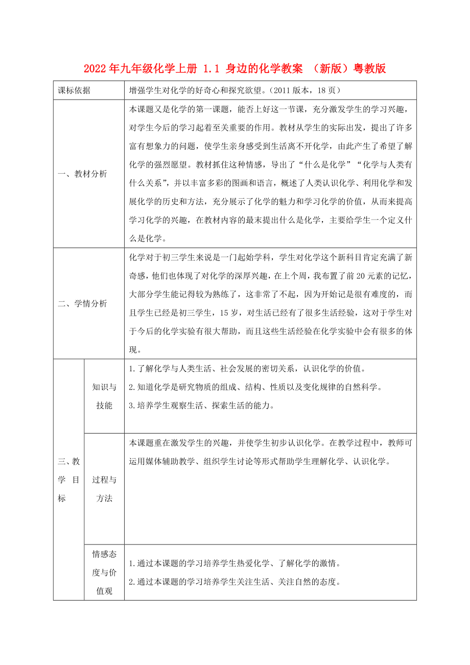 2022年九年級(jí)化學(xué)上冊(cè) 1.1 身邊的化學(xué)教案 （新版）粵教版_第1頁