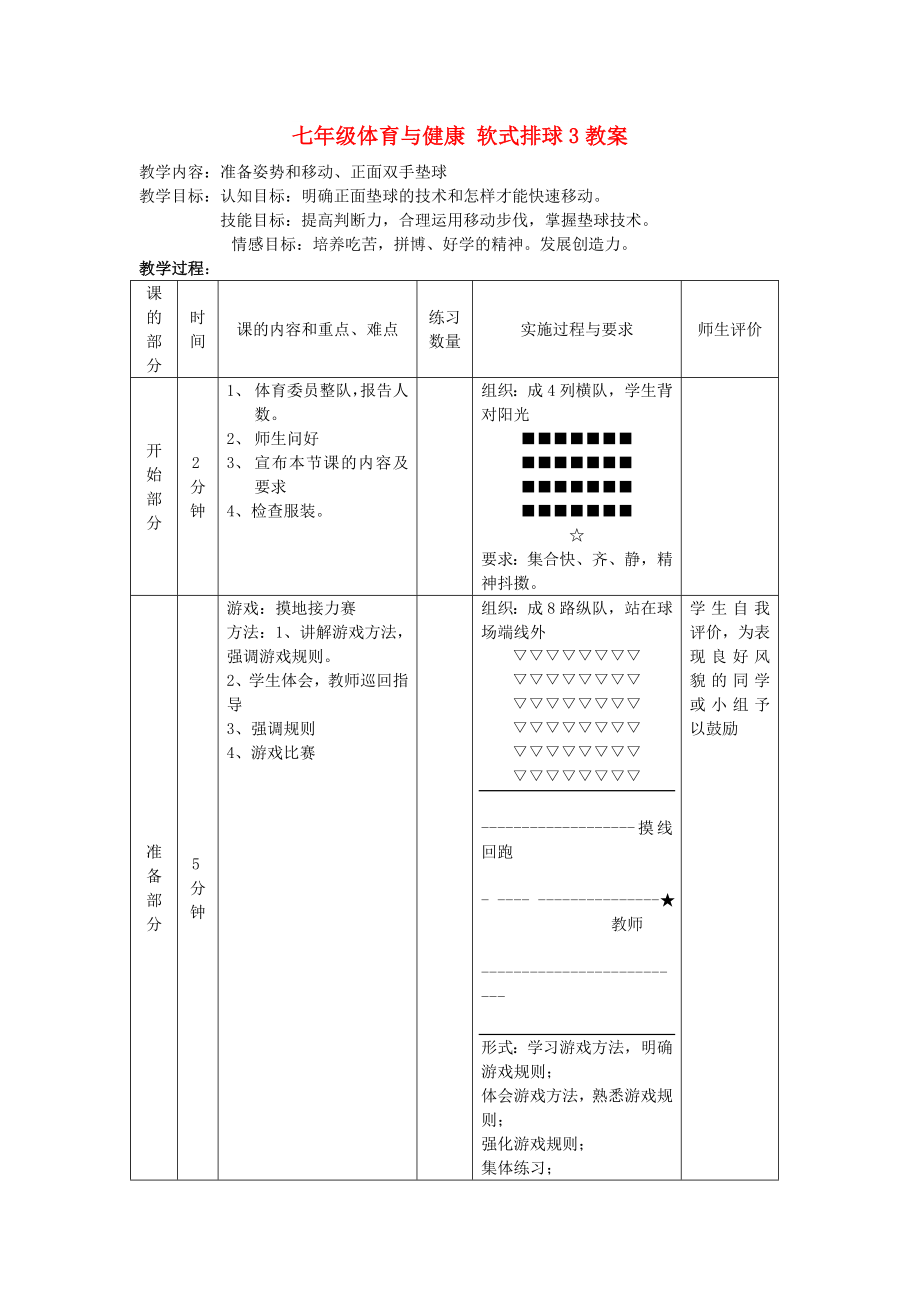 七年級(jí)體育與健康 軟式排球3教案_第1頁(yè)