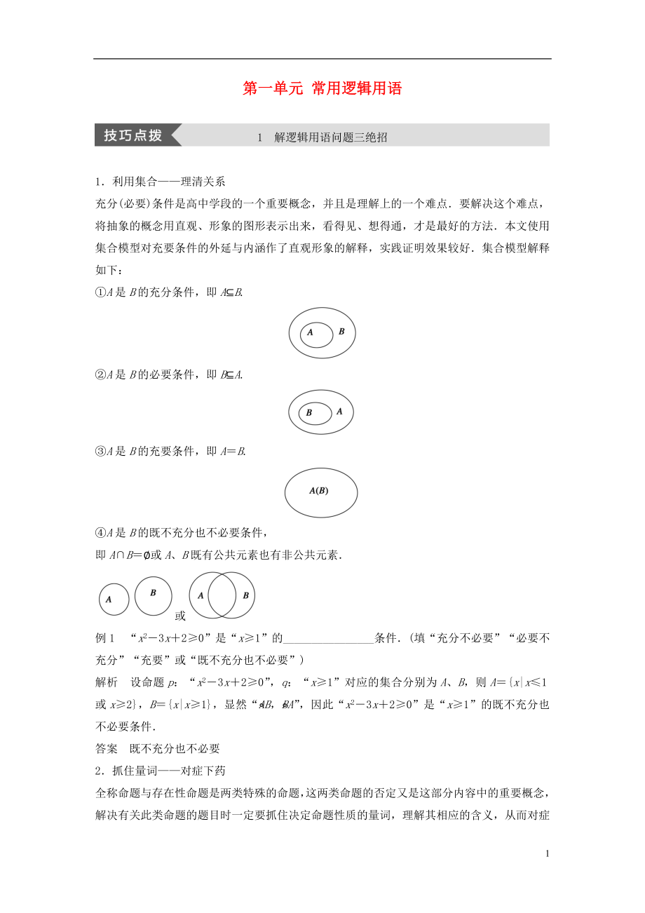 2017-2018版高中數(shù)學 第一單元 常用邏輯用語疑難規(guī)律方法教學案 新人教B版選修1-1_第1頁