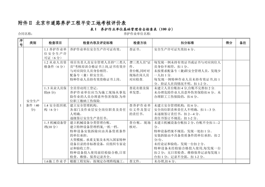 北京市道路养护工程平安工地考核评价表._第1页