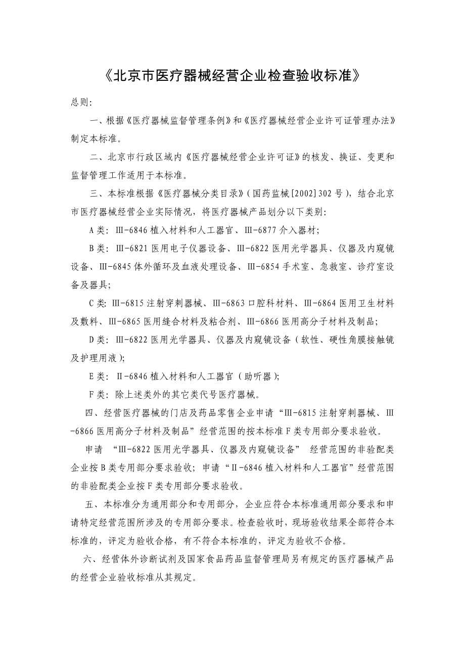 北京市医疗器械经营企业检查验收标准_第1页