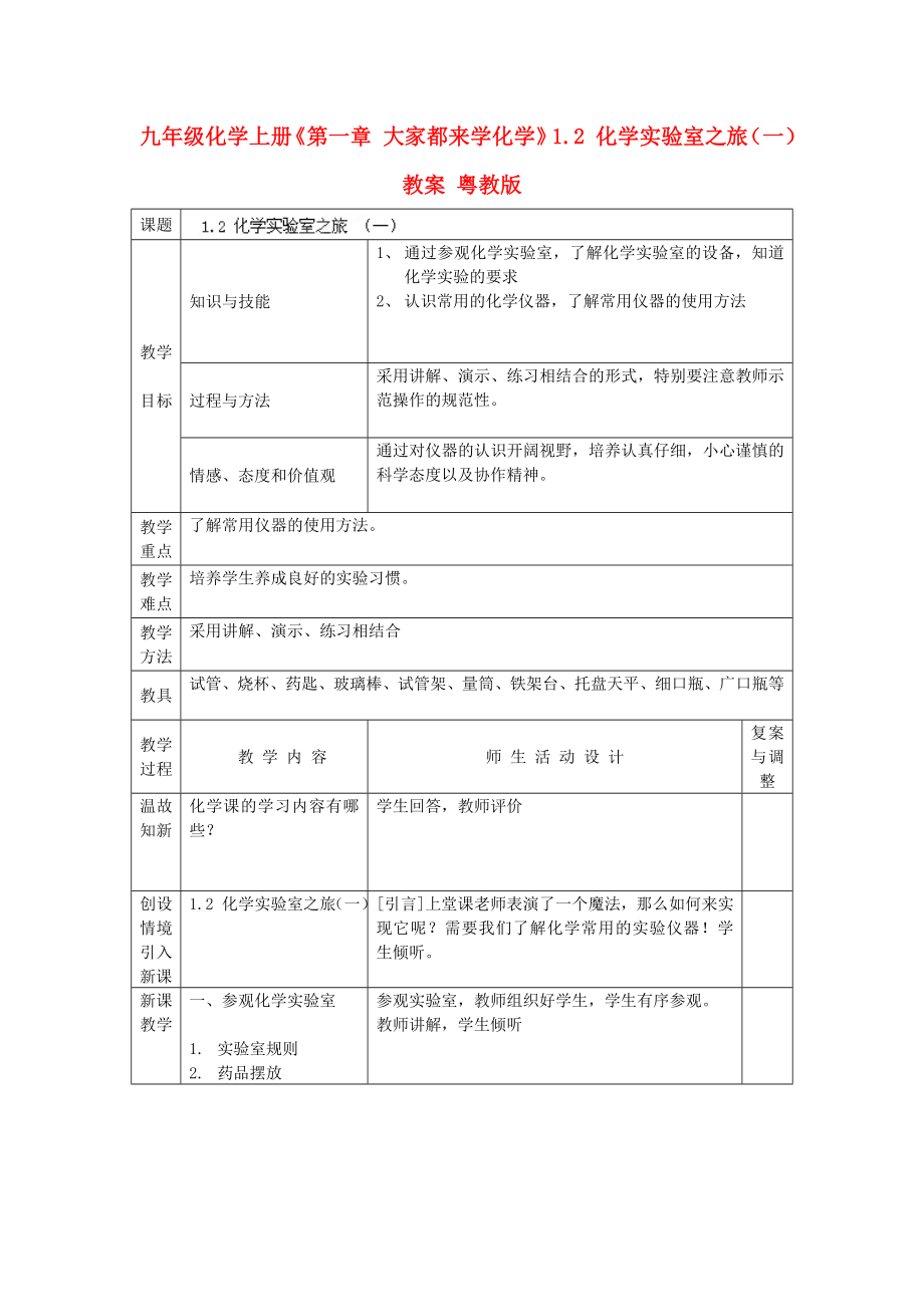 九年級化學(xué)上冊《第一章 大家都來學(xué)化學(xué)》1.2 化學(xué)實驗室之旅（一）教案 粵教版_第1頁