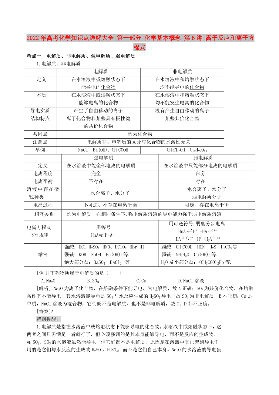 2022年高考化學(xué)知識(shí)點(diǎn)詳解大全 第一部分 化學(xué)基本概念 第6講 離子反應(yīng)和離子方程式_第1頁