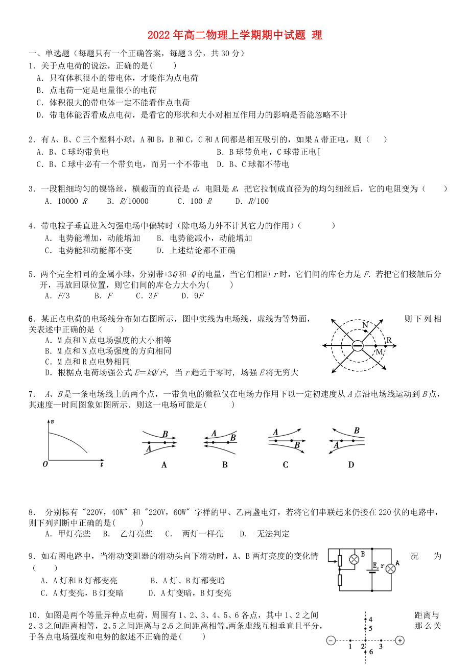 2022年高二物理上學(xué)期期中試題 理_第1頁