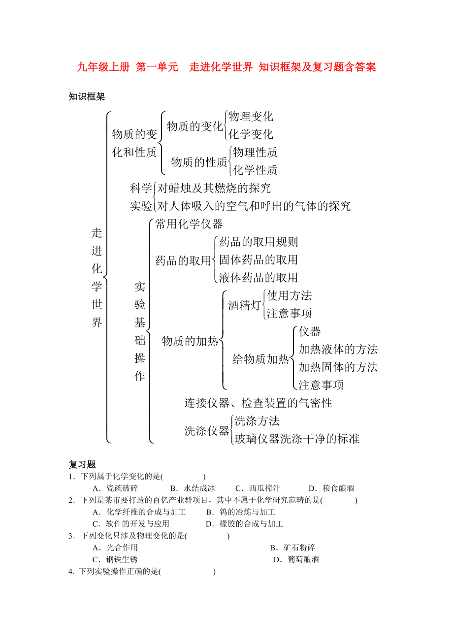 九年級上冊 第一單元走進(jìn)化學(xué)世界 知識框架及復(fù)習(xí)題含答案_第1頁