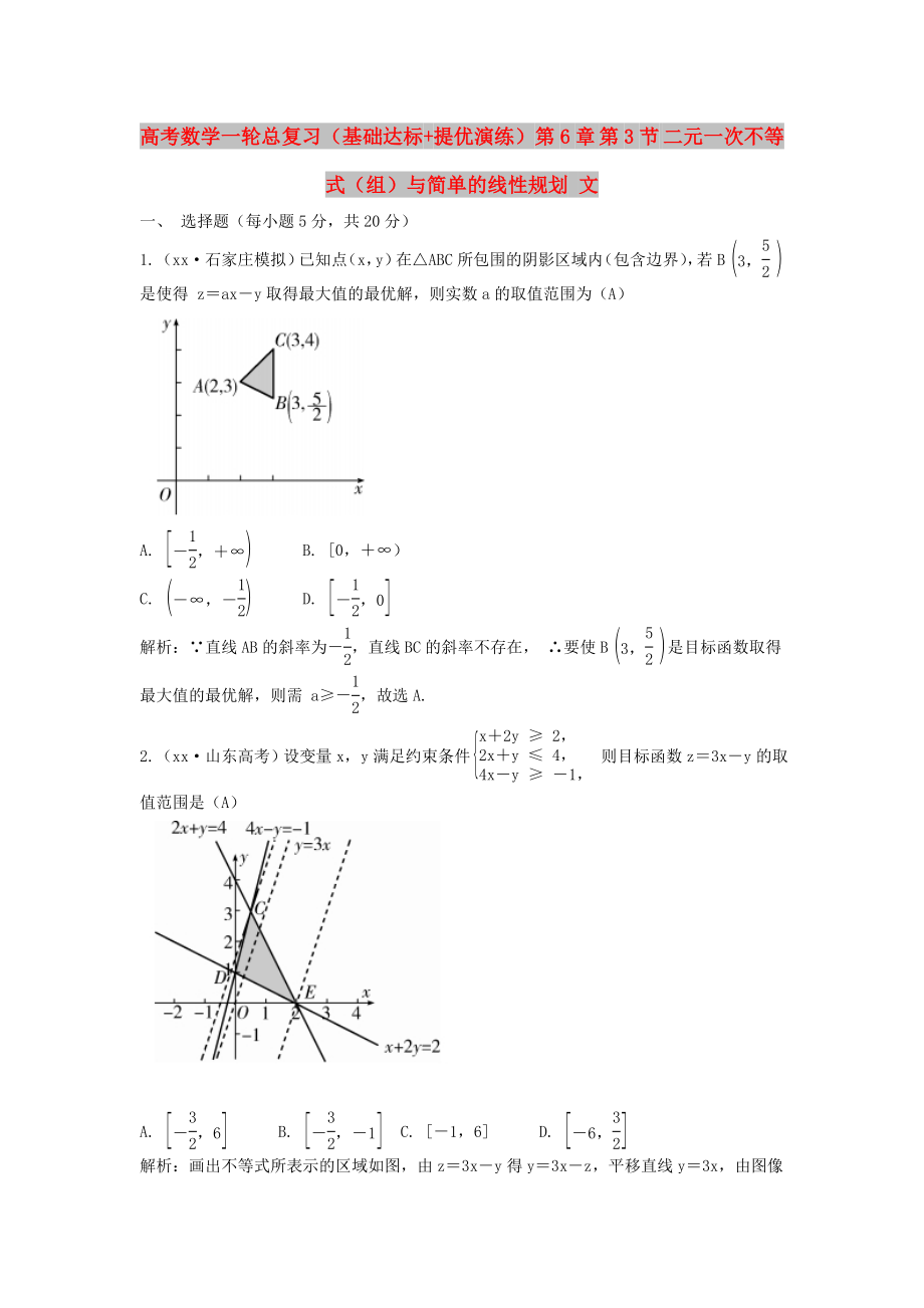 高考數(shù)學(xué)一輪總復(fù)習(xí)（基礎(chǔ)達(dá)標(biāo)+提優(yōu)演練）第6章 第3節(jié) 二元一次不等式（組）與簡單的線性規(guī)劃 文_第1頁