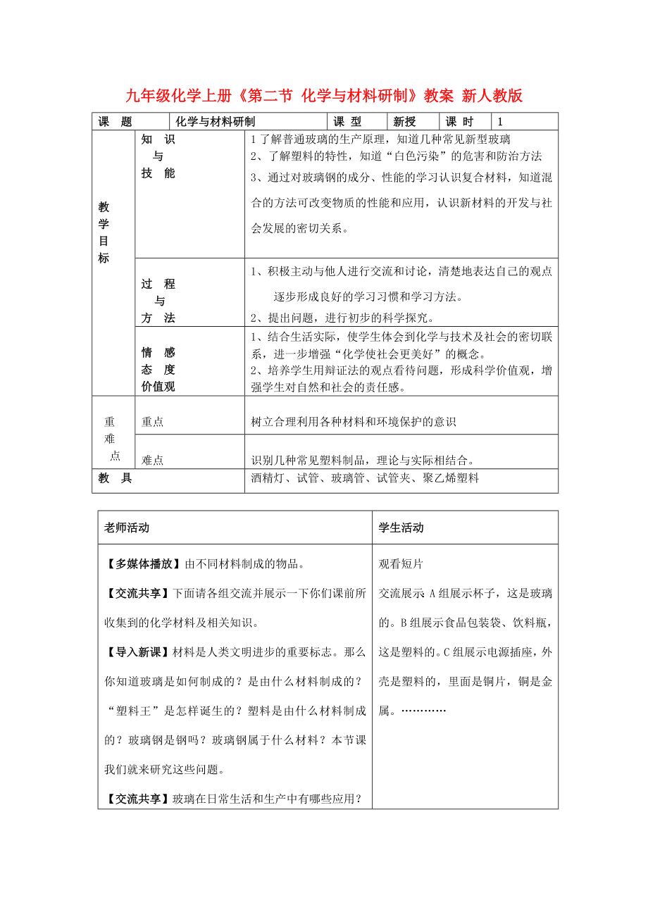 九年級(jí)化學(xué)上冊(cè)《第二節(jié) 化學(xué)與材料研制》教案 新人教版_第1頁(yè)