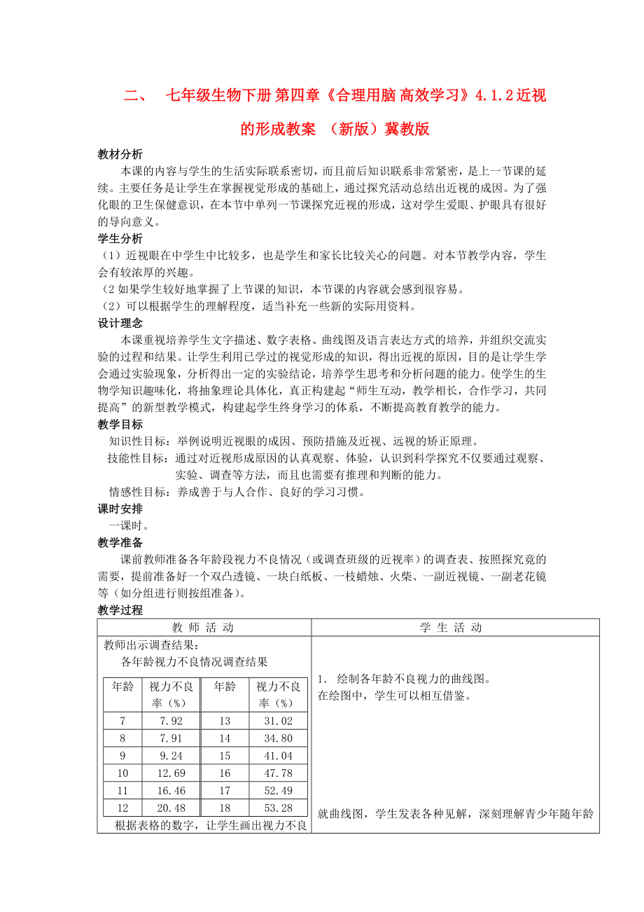 七年級(jí)生物下冊(cè) 第四章《合理用腦 高效學(xué)習(xí)》4.1.2 近視的形成教案 （新版）冀教版_第1頁