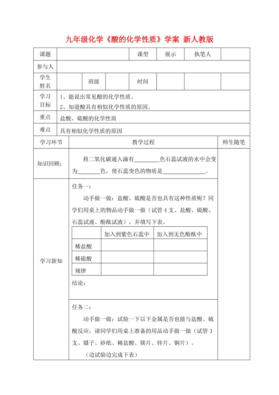 九年級化學(xué)《酸的化學(xué)性質(zhì)》學(xué)案 新人教版_第1頁