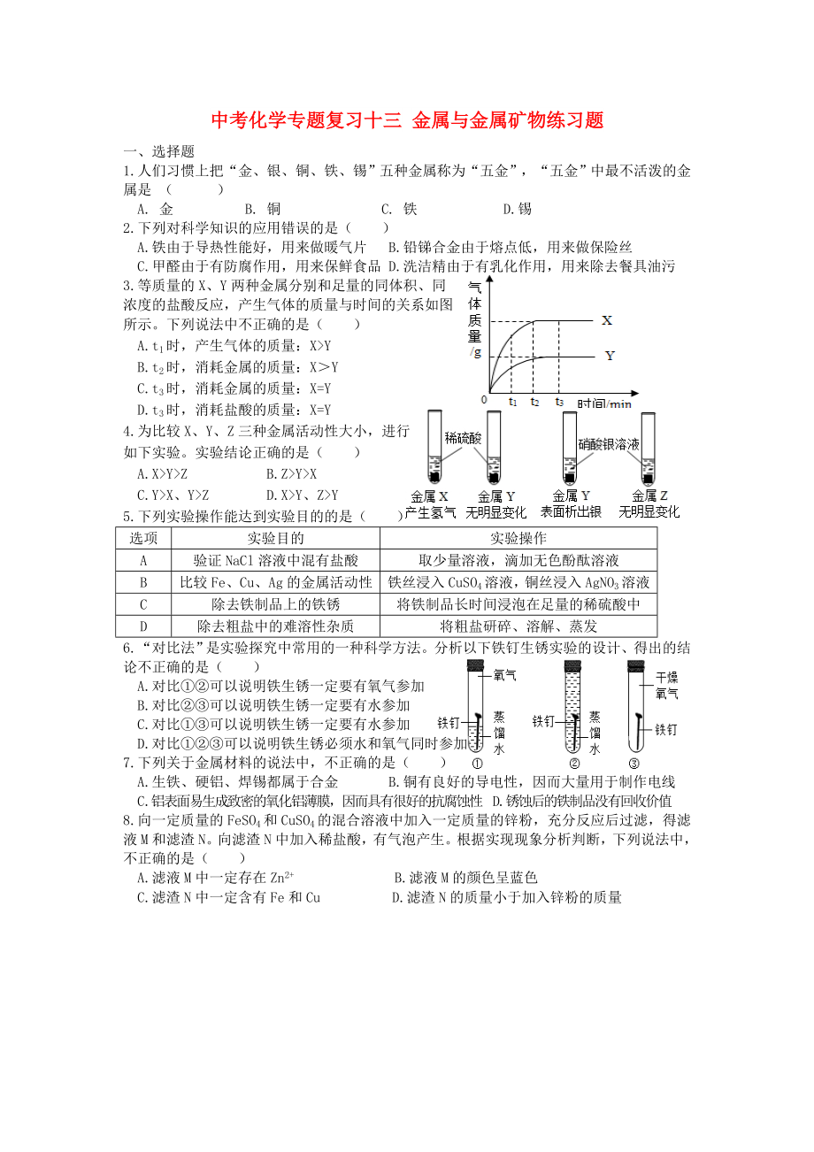 中考化学专题复习十三 金属与金属矿物练习题_第1页