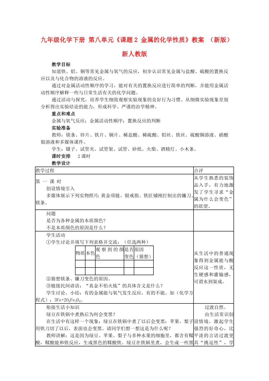 九年級化學(xué)下冊 第八單元《課題2 金屬的化學(xué)性質(zhì)》教案 （新版）新人教版_第1頁