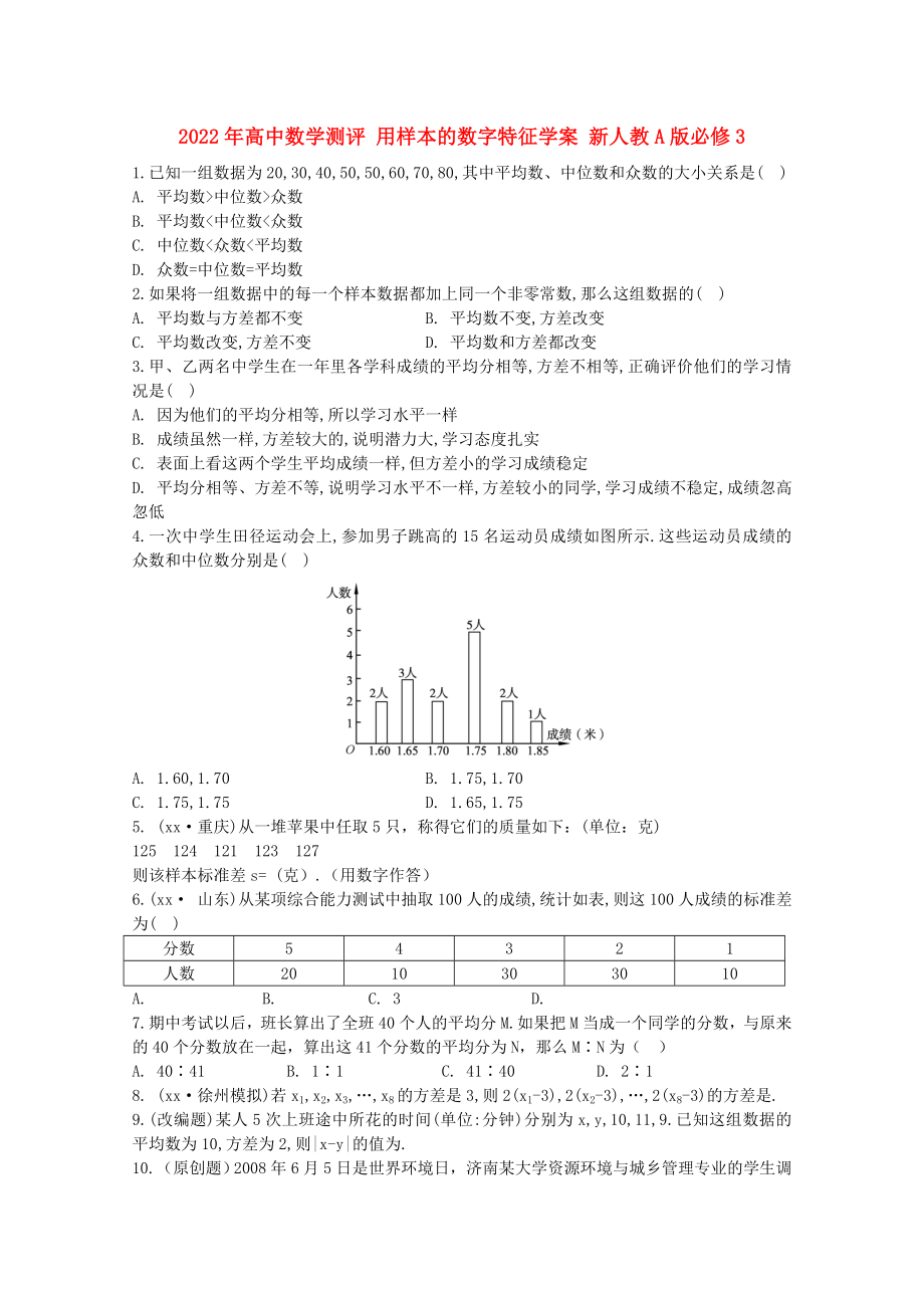 2022年高中數(shù)學(xué)測(cè)評(píng) 用樣本的數(shù)字特征學(xué)案 新人教A版必修3_第1頁(yè)