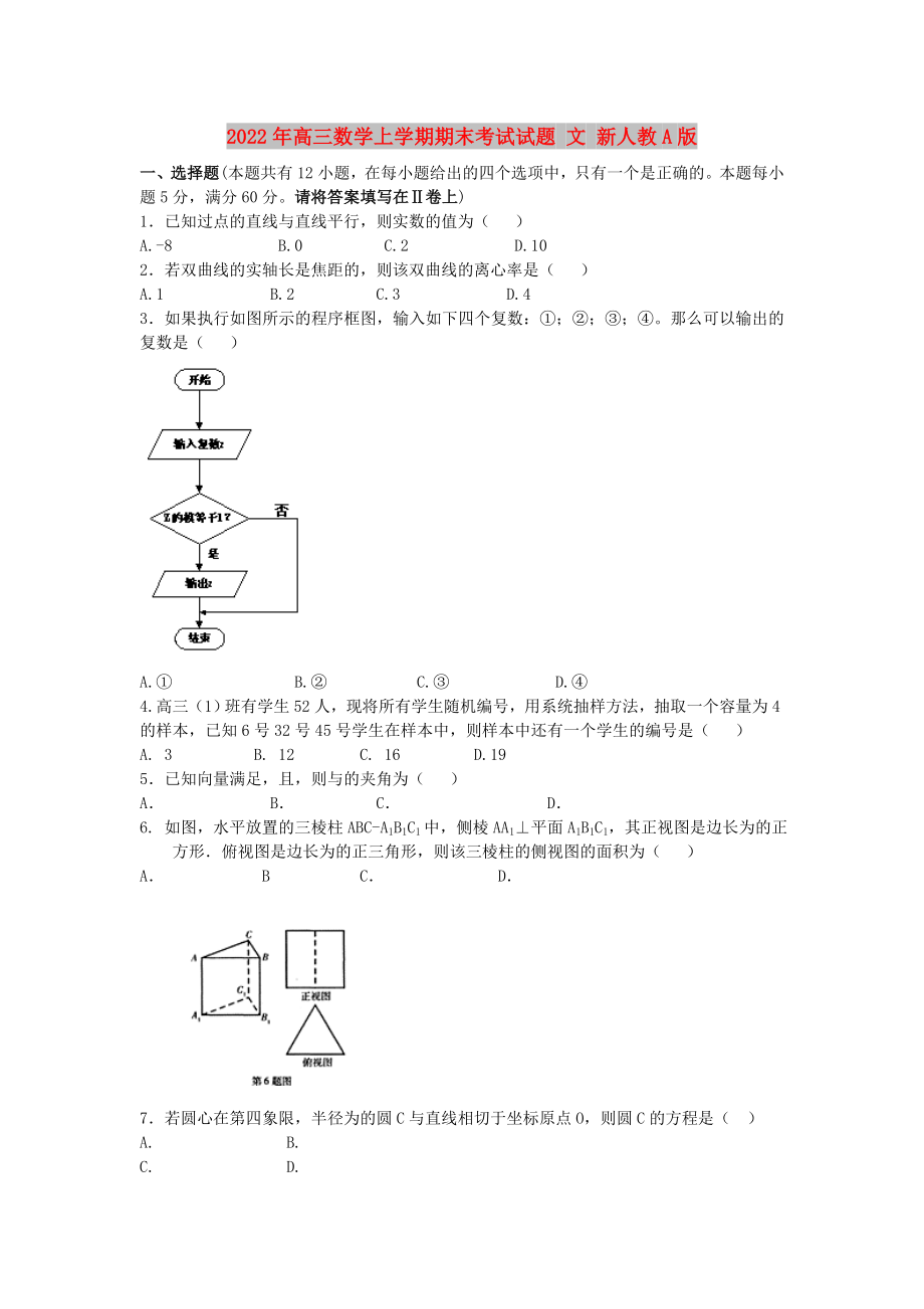 2022年高三數(shù)學(xué)上學(xué)期期末考試試題 文 新人教A版_第1頁(yè)