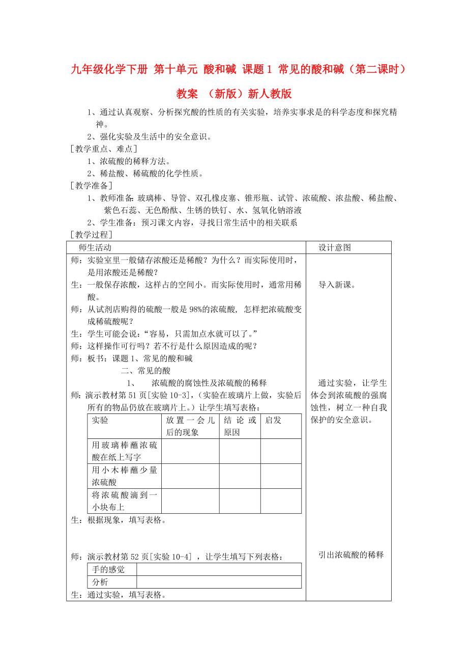 九年級(jí)化學(xué)下冊(cè) 第十單元 酸和堿 課題1 常見的酸和堿（第二課時(shí)）教案 （新版）新人教版_第1頁(yè)