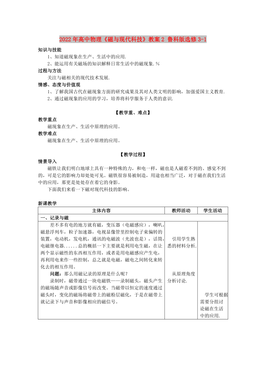 2022年高中物理《磁與現(xiàn)代科技》教案2 魯科版選修3-1_第1頁