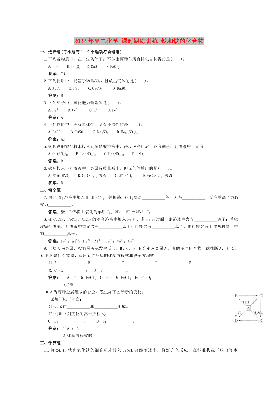 2022年高二化学 课时跟踪训练 铁和铁的化合物_第1页