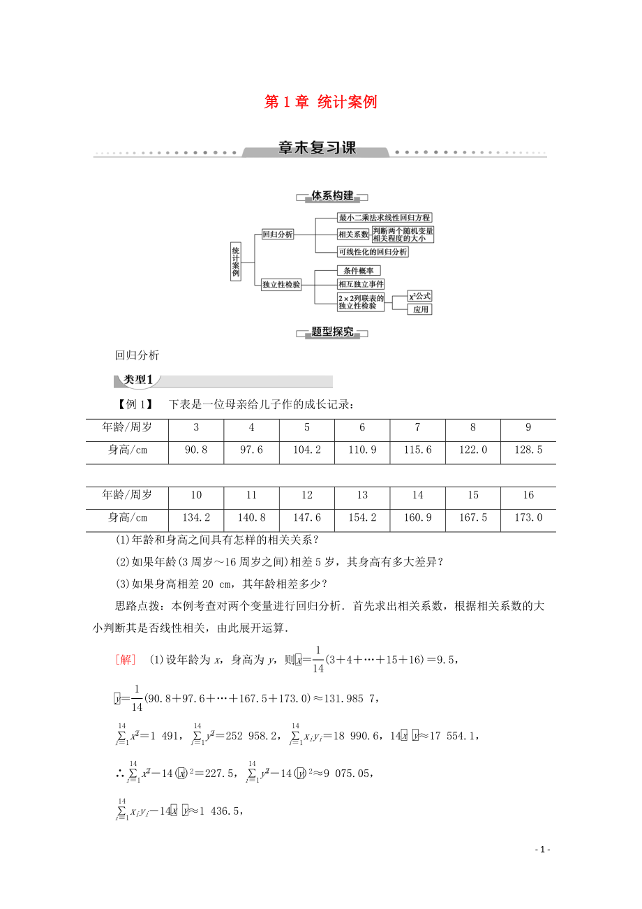 2019-2020學(xué)年高中數(shù)學(xué) 第1章 統(tǒng)計案例章末復(fù)習(xí)課學(xué)案 北師大版選修1-2_第1頁