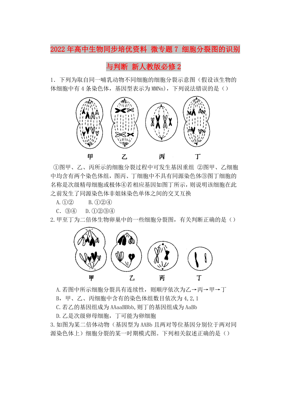 2022年高中生物同步培优资料 微专题7 细胞分裂图的识别与判断 新人教版必修2_第1页