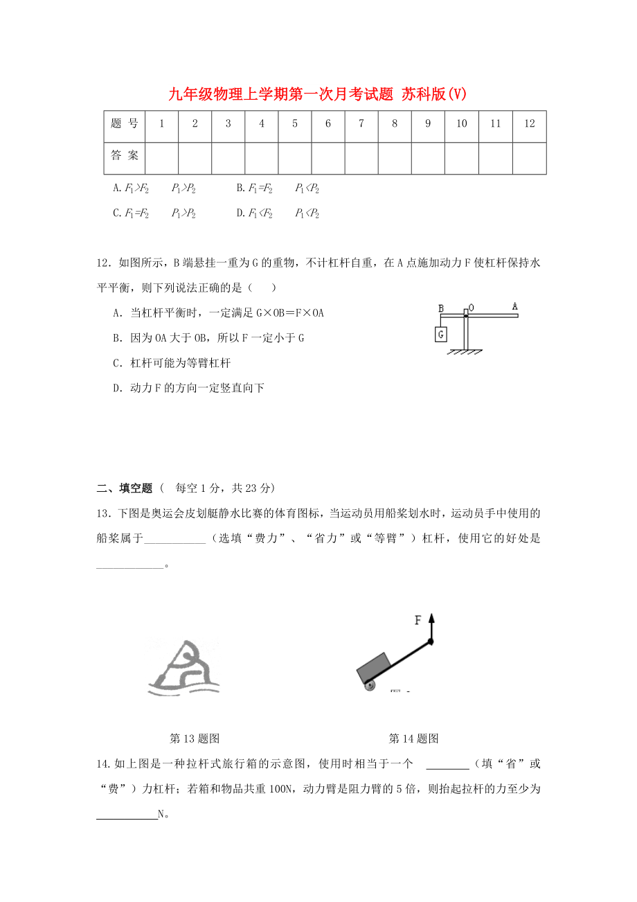 九年級(jí)物理上學(xué)期第一次月考試題 蘇科版(V)_第1頁(yè)