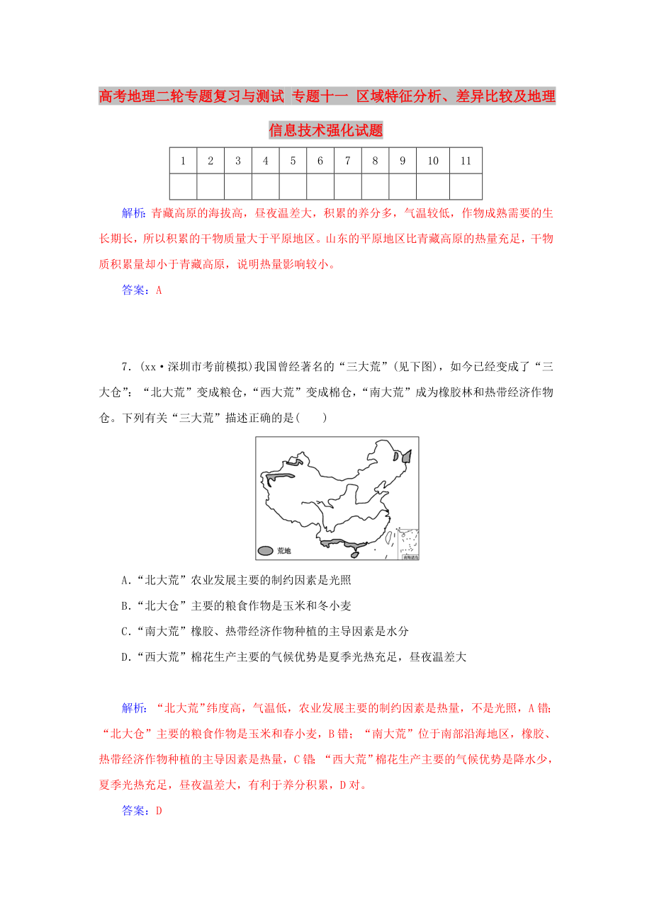 高考地理二輪專題復(fù)習(xí)與測(cè)試 專題十一 區(qū)域特征分析、差異比較及地理信息技術(shù)強(qiáng)化試題_第1頁(yè)