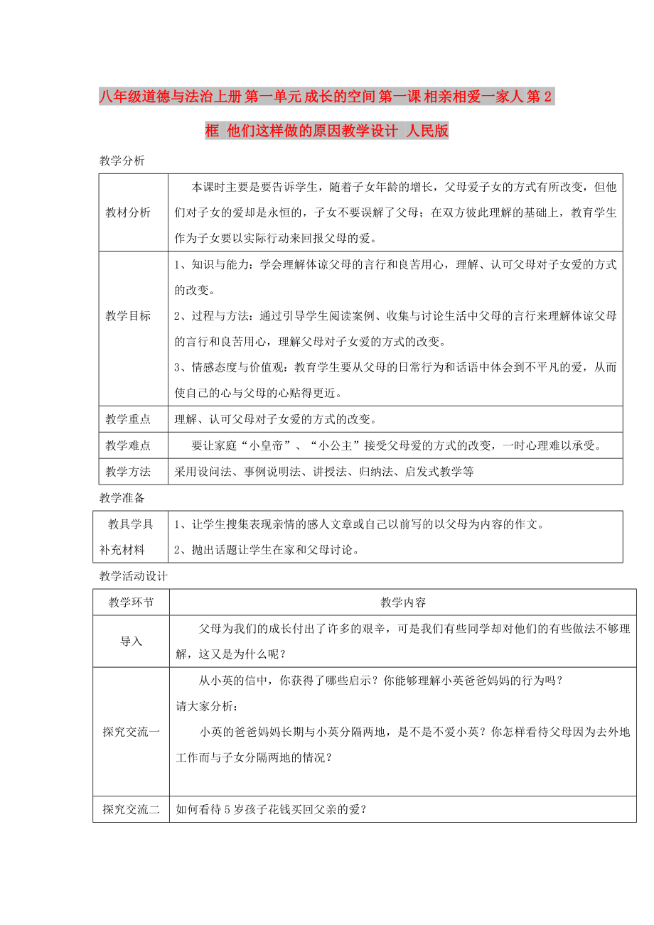 八年級(jí)道德與法治上冊(cè) 第一單元 成長(zhǎng)的空間 第一課 相親相愛(ài)一家人 第2框 他們這樣做的原因教學(xué)設(shè)計(jì) 人民版_第1頁(yè)