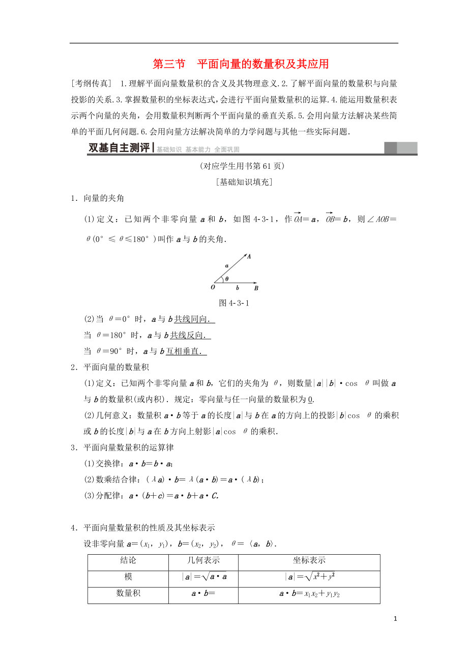 2019年高考數(shù)學(xué)一輪復(fù)習(xí) 第4章 平面向量、數(shù)系的擴(kuò)充與復(fù)數(shù)的引入 第3節(jié) 平面向量的數(shù)量積及其應(yīng)用學(xué)案 文 北師大版_第1頁