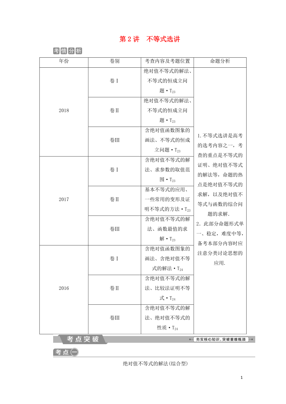 2019屆高考數(shù)學二輪復習 第二部分 突破熱點 分層教學 專項二 專題七 2 第2講 不等式選講學案_第1頁