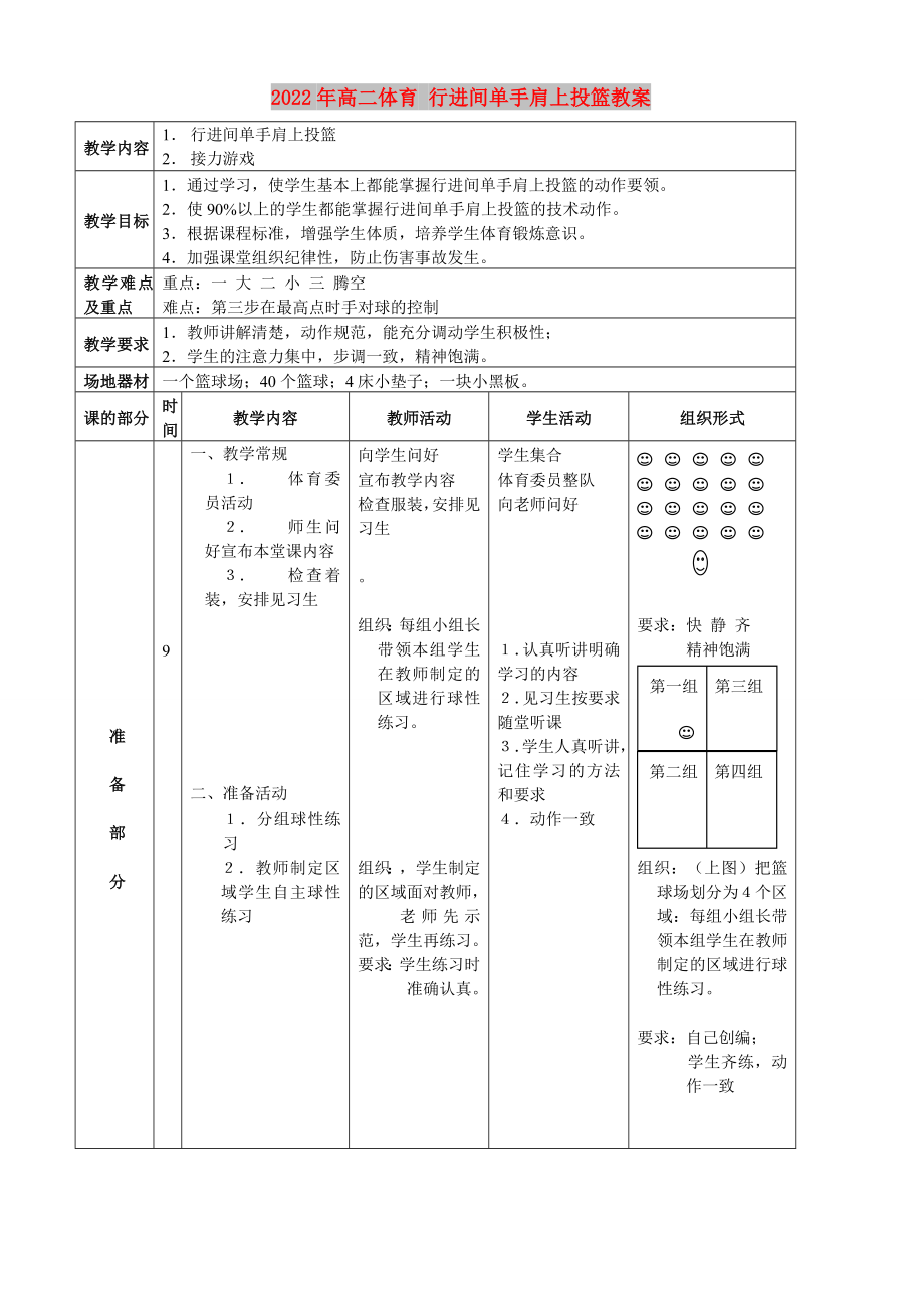 2022年高二體育 行進(jìn)間單手肩上投籃教案_第1頁(yè)