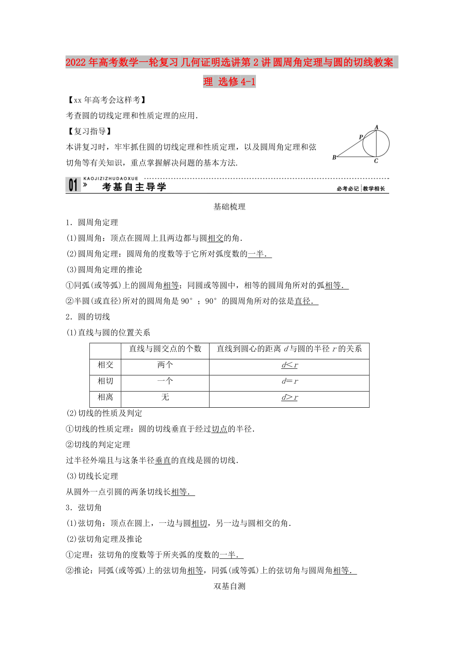 2022年高考數(shù)學(xué)一輪復(fù)習(xí) 幾何證明選講第2講 圓周角定理與圓的切線教案 理 選修4-1_第1頁