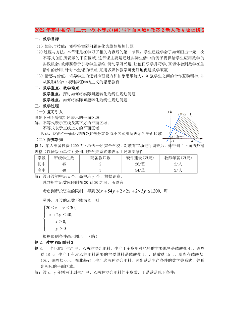 2022年高中數(shù)學(xué)《二元一次不等式(組)與平面區(qū)域》教案2新人教A版必修5_第1頁