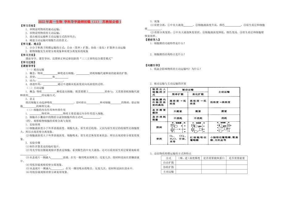 2022年高一生物 學(xué)科導(dǎo)學(xué)提綱初稿（11） 蘇教版必修1_第1頁