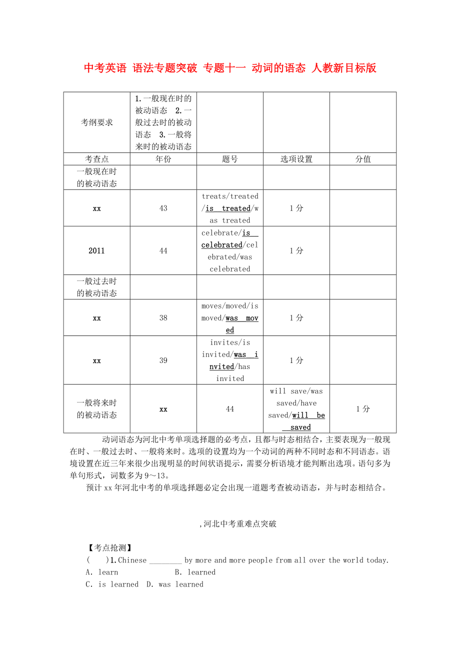 中考英語 語法專題突破 專題十一 動(dòng)詞的語態(tài) 人教新目標(biāo)版_第1頁