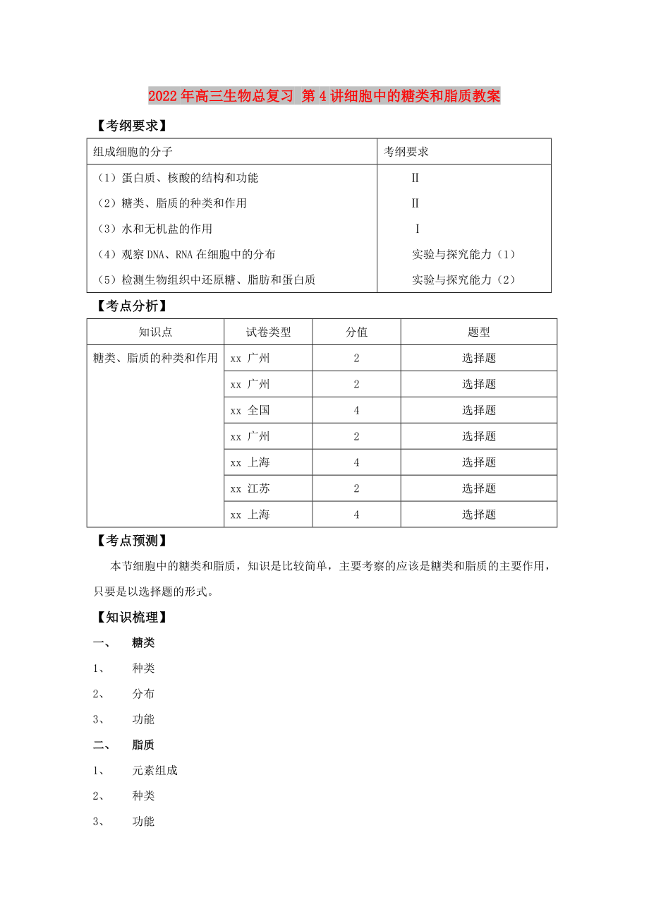 2022年高三生物總復(fù)習(xí) 第4講細(xì)胞中的糖類和脂質(zhì)教案_第1頁