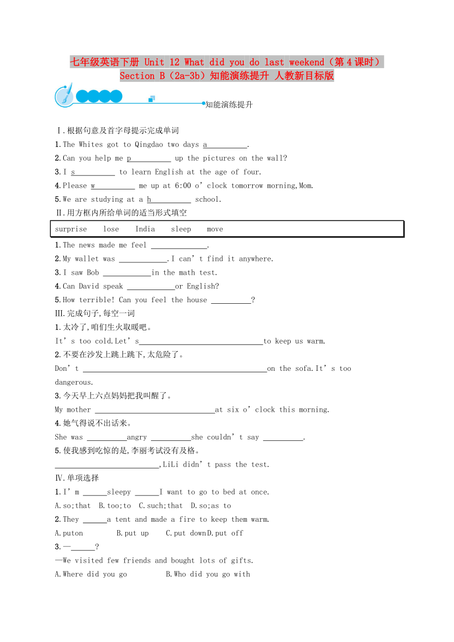 七年級(jí)英語(yǔ)下冊(cè) Unit 12 What did you do last weekend（第4課時(shí)）Section B（2a-3b）知能演練提升 人教新目標(biāo)版_第1頁(yè)