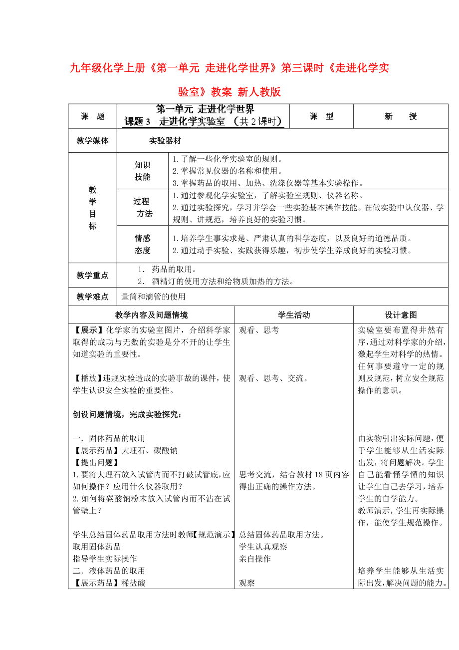 九年級(jí)化學(xué)上冊《第一單元 走進(jìn)化學(xué)世界》第三課時(shí)《走進(jìn)化學(xué)實(shí)驗(yàn)室》教案 新人教版_第1頁