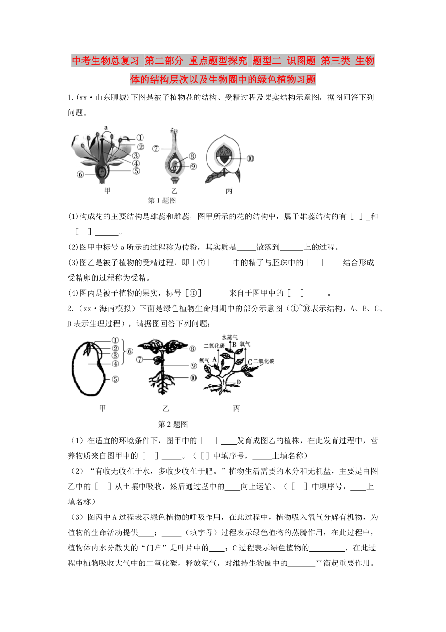 中考生物总复习 第二部分 重点题型探究 题型二 识图题 第三类 生物体的结构层次以及生物圈中的绿色植物习题_第1页