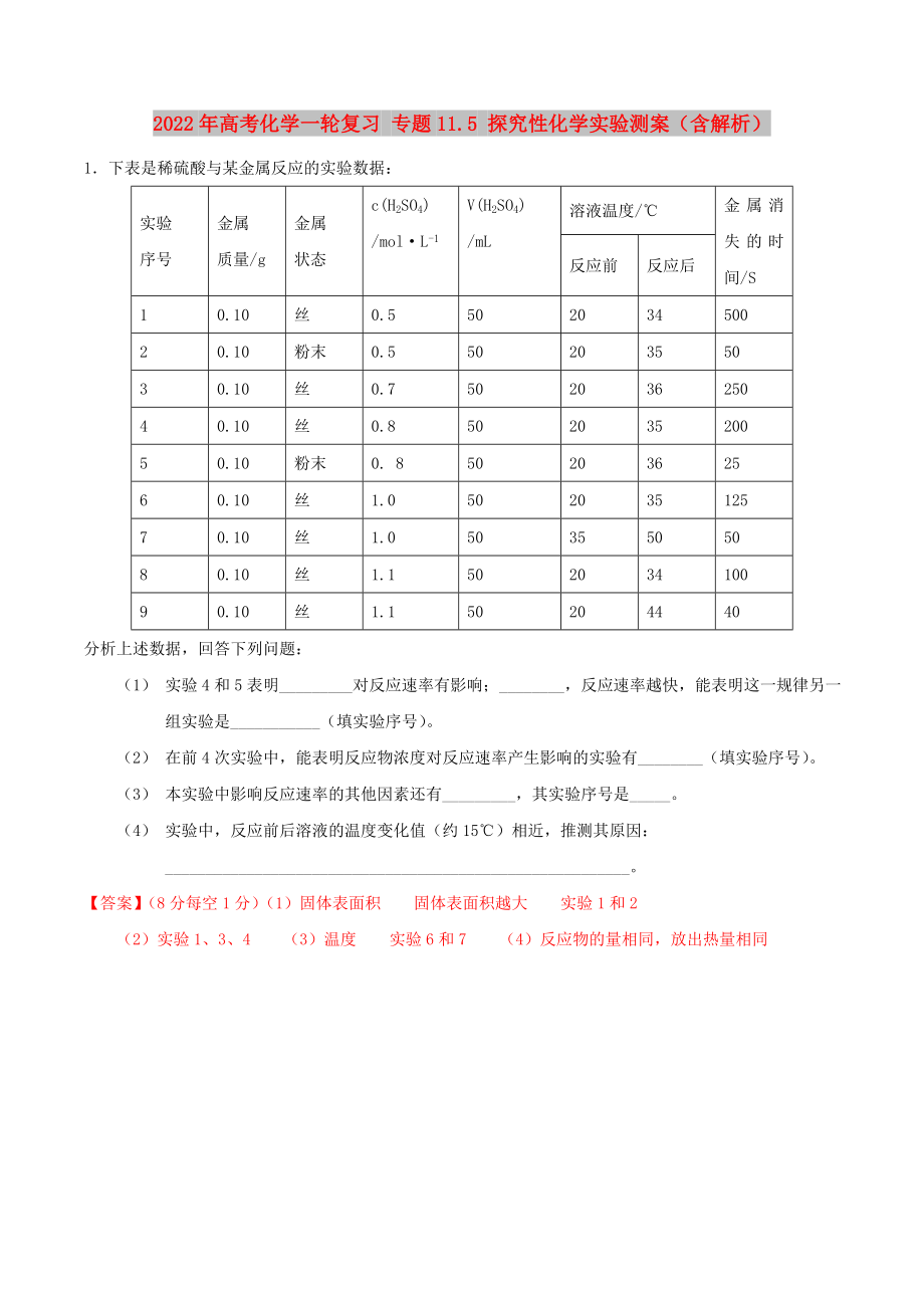 2022年高考化學(xué)一輪復(fù)習(xí) 專題11.5 探究性化學(xué)實(shí)驗(yàn)測(cè)案（含解析）_第1頁