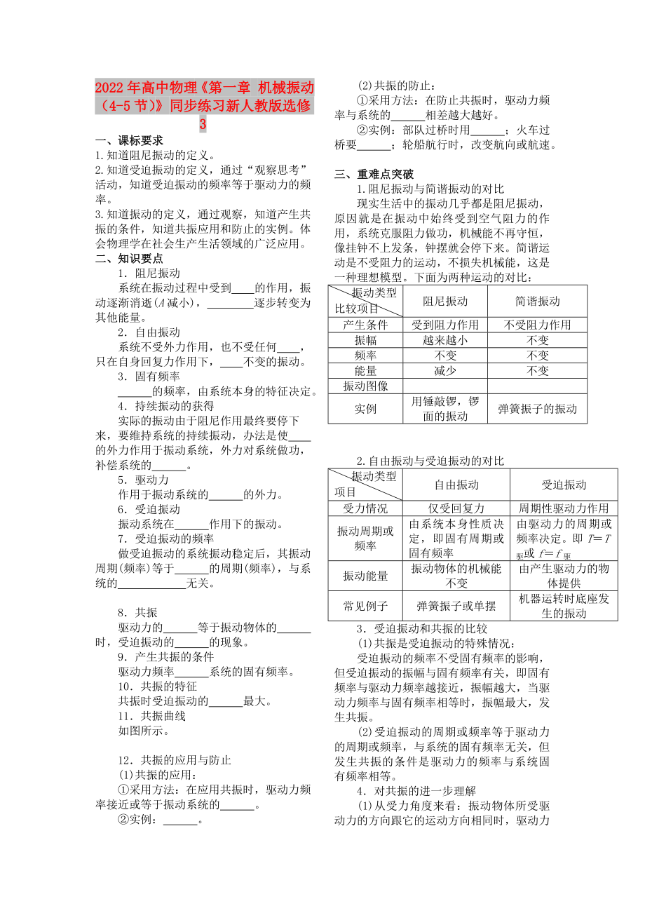 2022年高中物理《第一章 機(jī)械振動(dòng)（4-5節(jié)）》同步練習(xí)新人教版選修3_第1頁(yè)