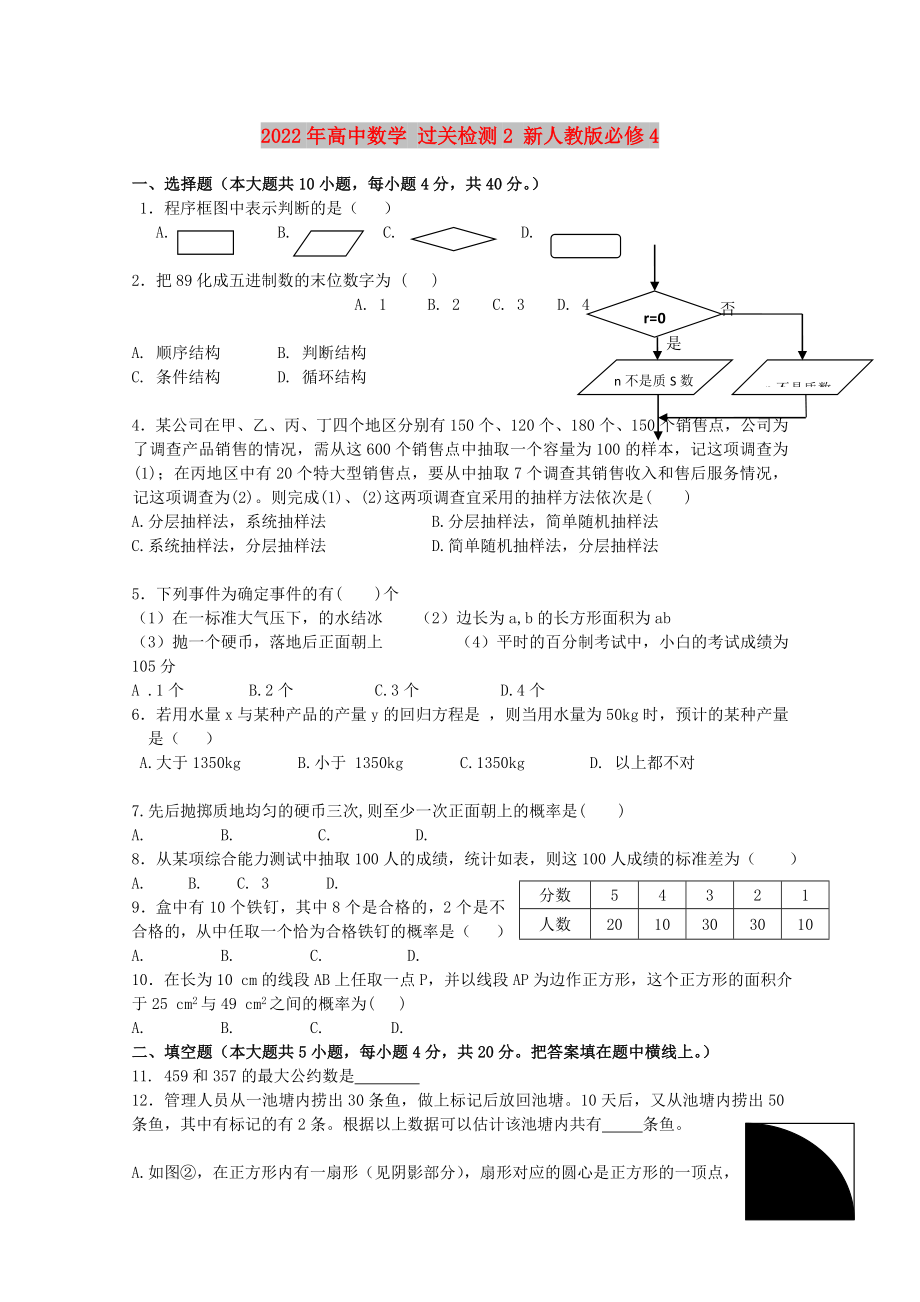 2022年高中數(shù)學(xué) 過(guò)關(guān)檢測(cè)2 新人教版必修4_第1頁(yè)