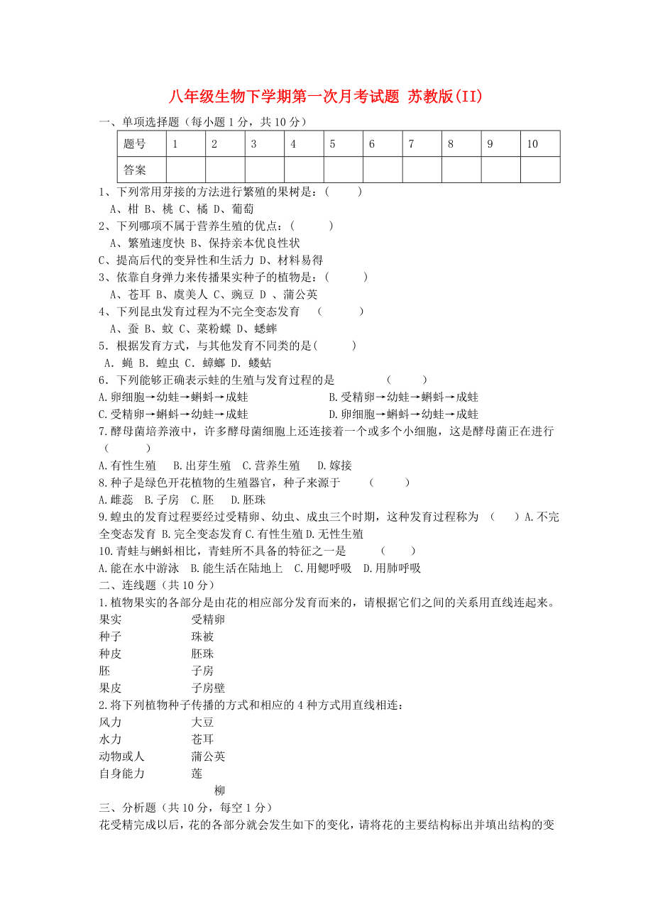 八年級生物下學期第一次月考試題 蘇教版(II)_第1頁