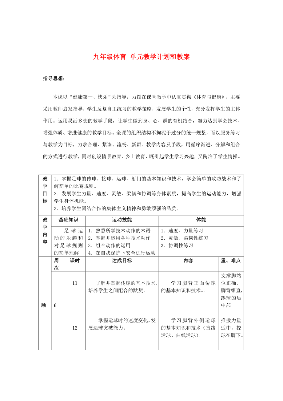 九年級體育 單元教學(xué)計劃和教案_第1頁