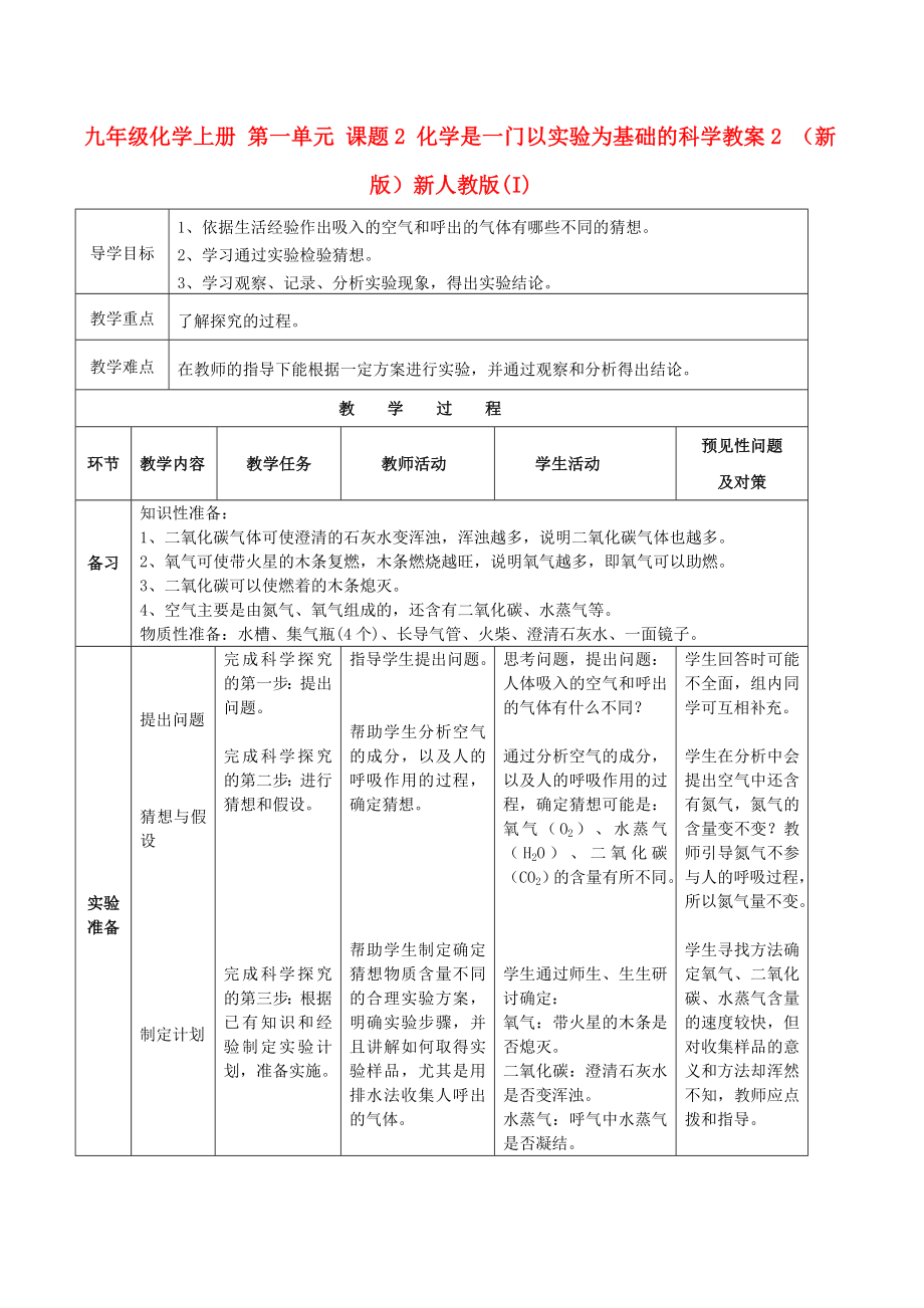 九年級化學上冊 第一單元 課題2 化學是一門以實驗為基礎(chǔ)的科學教案2 （新版）新人教版(I)_第1頁